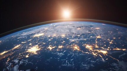 Obraz premium A breathtaking view of Earth from space, with a glowing sunrise illuminating the planet's surface