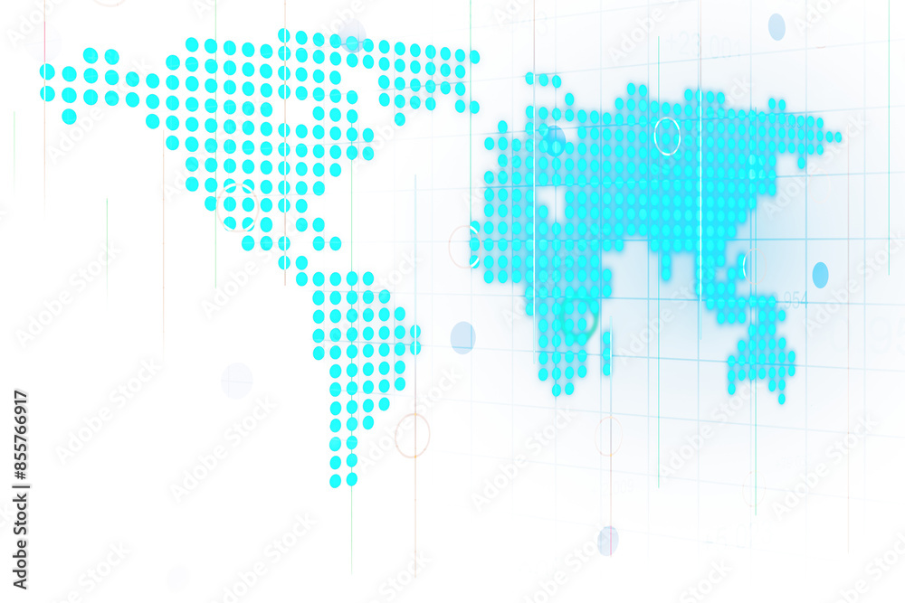 Poster a stylized world map created with blue dots over a grid background, concept of global connectivity