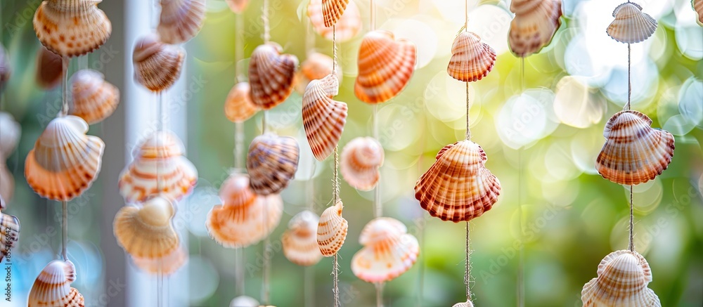 Fototapete beautiful seashell mobile hanging in the building for decorated. with copy space image. place for ad