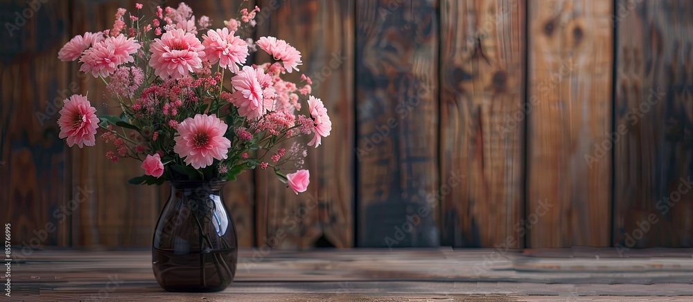 Leinwandbilder artificial pink flowers in a vase on wood . with copy space image. place for adding text or design