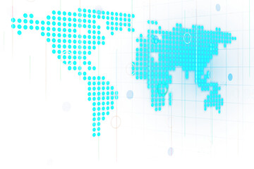 A stylized world map created with blue dots over a grid background, concept of global connectivity