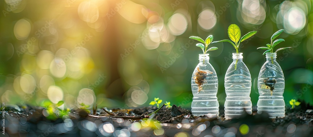 Poster plastic bottles water diy for planting vegetable plant at home, reuse and recycle concepts. copy spa
