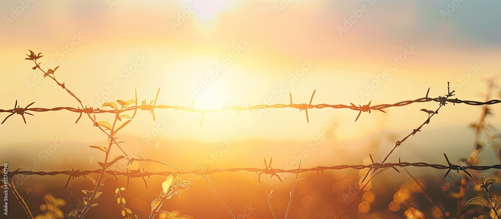 Poster silhouette barbed wire with sun pastel background abstract. with copy space image. place for adding 