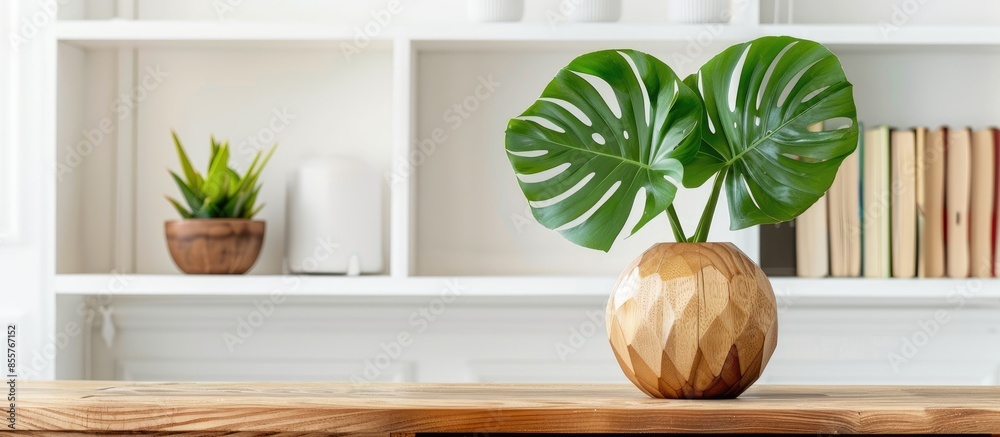 Aufkleber green plant in a decorative wooden vase in a white room on the background with a book shelf. decorat