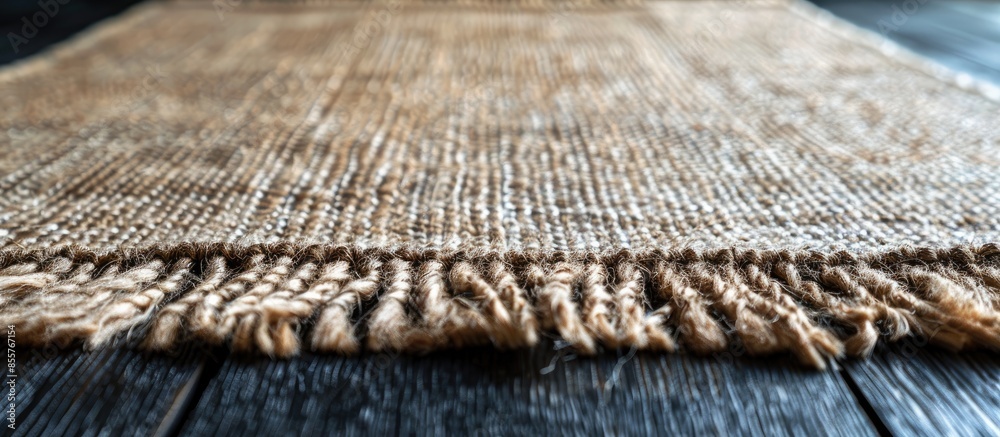 Aufkleber Beige carpet with fringe on dark wooden floor, texture close up. with copy space image. Place for adding text or design