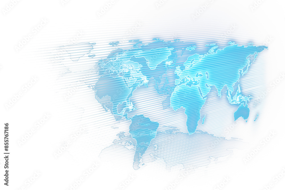 Poster an abstract world map in shades of blue on a white background with a digital overlay concept