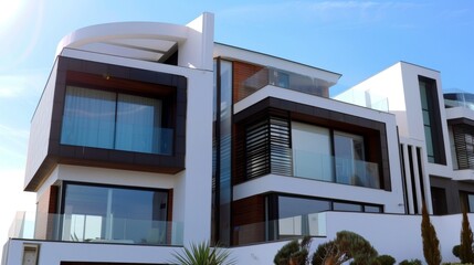 A minimalist modern house exterior with clean lines, large windows, and a sleek white facade against a clear blue sky