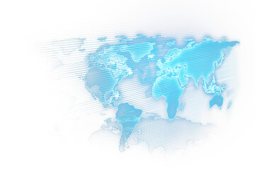 An abstract world map in shades of blue on a white background with a digital overlay concept