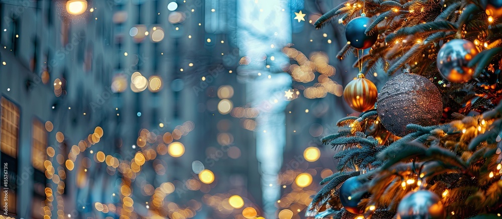 Poster decorated christmas tree with beautiful shiny decoration, new york, usa. with copy space image. plac
