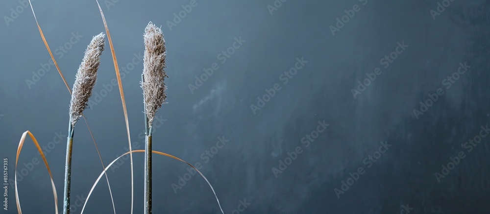 Aufkleber one cattail on a uniform gray background. shot with one light source. the photo reflects minimalism and natural colors for the home. with copy space image. Place for adding text or design
