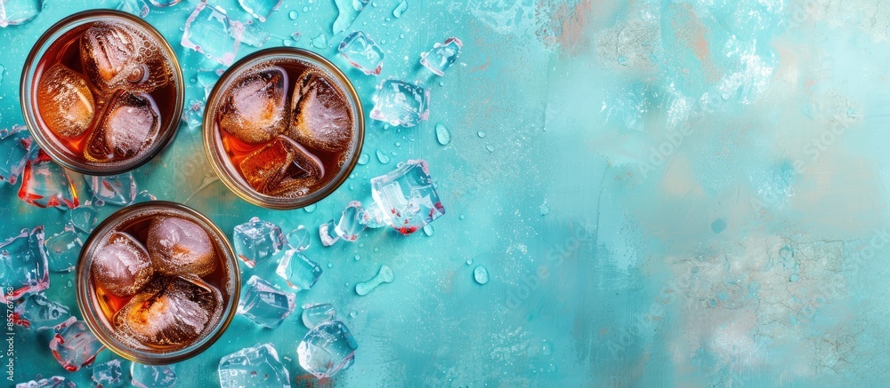 Poster cola with ice cubes pastel background Ice  Cola  Texture. with copy space image. Place for adding text or design