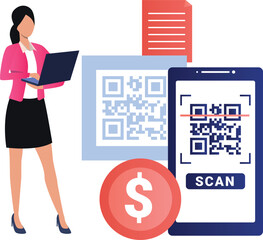 The girl is working on laptop on QR code.