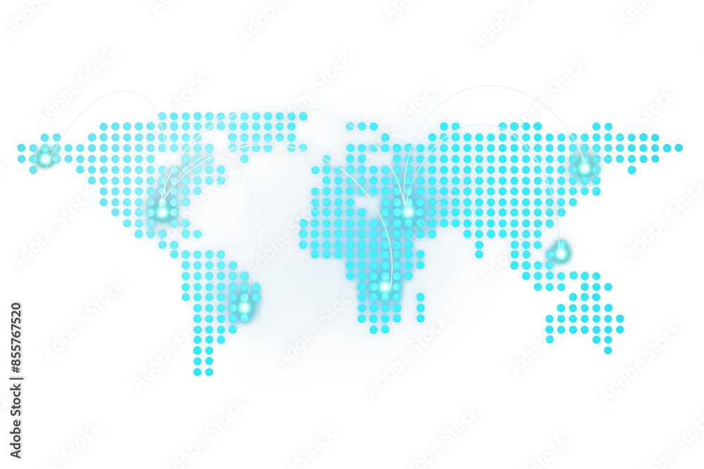 Poster a dotted world map design in shades of cyan and blue on a white background, illustrating global conn
