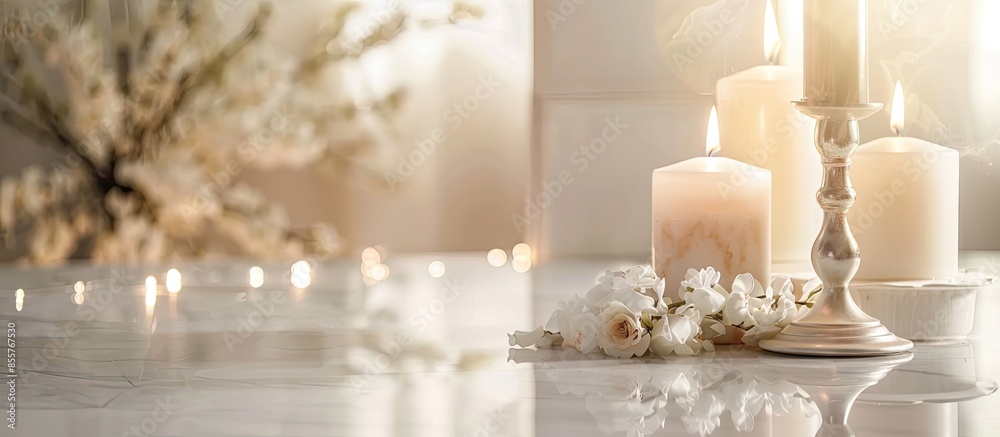 Poster Elegant candlesticks with burning candles and flower on white table. with copy space image. Place for adding text or design