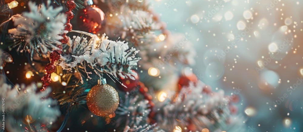 Poster beautiful background decorated christmas tree with toy balls and garlands.the idea for postcards. so