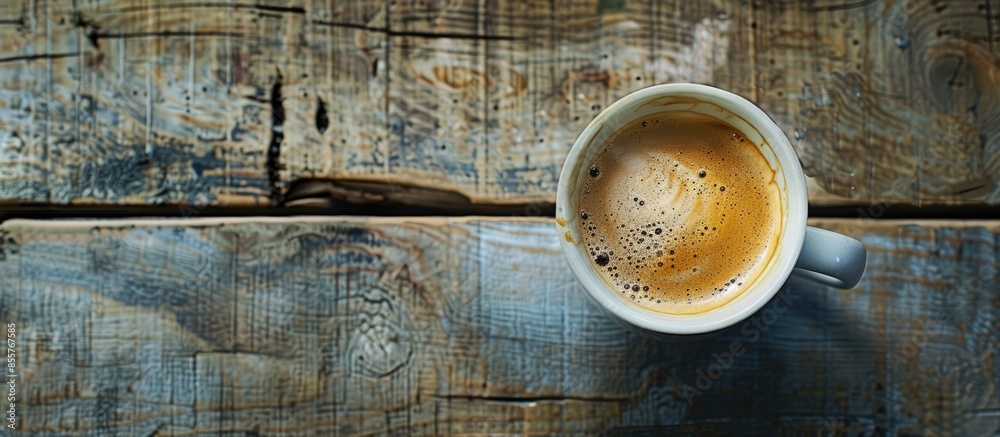 Aufkleber Close-up of a cup of coffee on a wooden table. with copy space image. Place for adding text or design