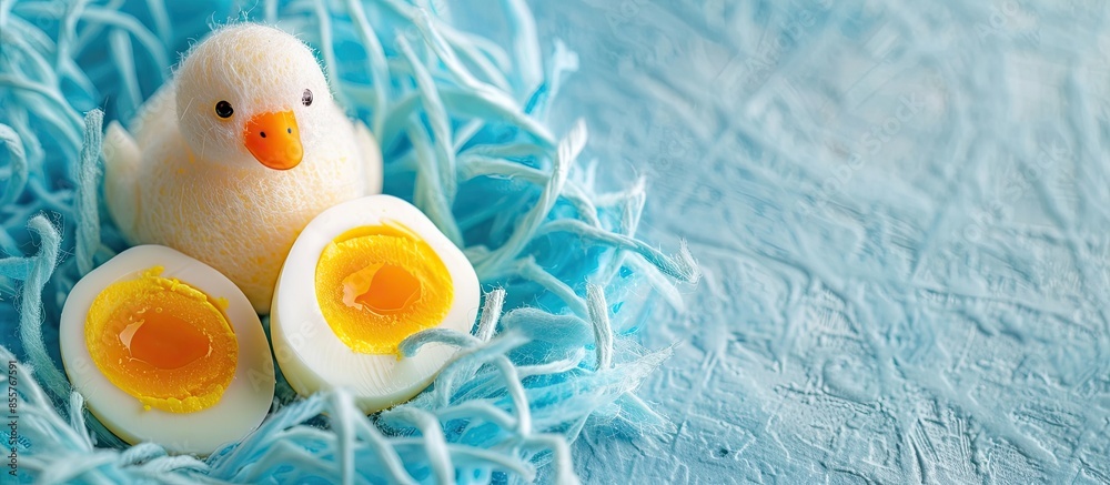 Poster Salted egg duck on blue fuzz paper. Preserved food product. Salted eggs cut in half on egg tray. pastel background. with copy space image. Place for adding text or design