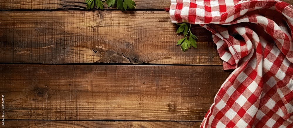 Aufkleber Checkered towel on wooden table. Food design layout. T Picnic towel on kitchen tabletop. with copy space image. Place for adding text or design