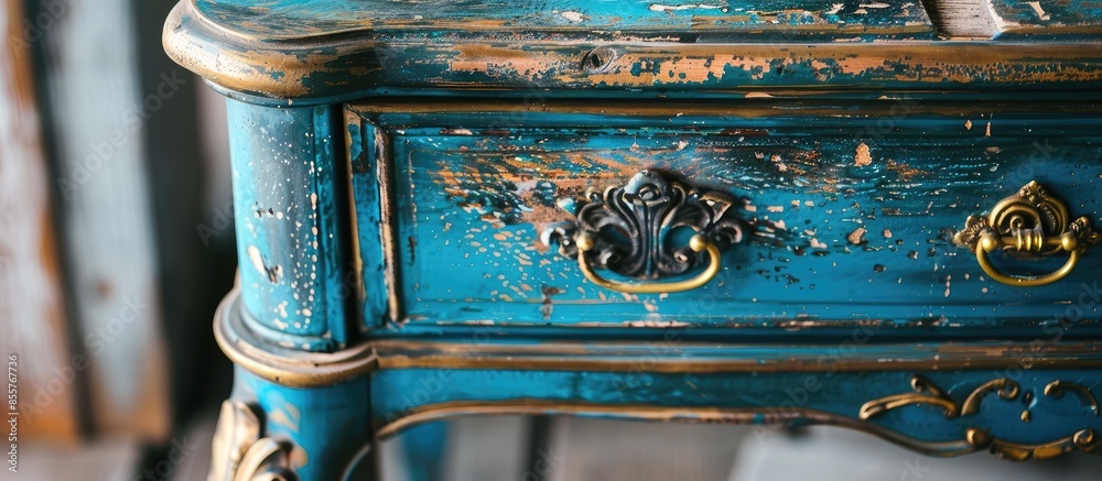 Poster blue painted furniture after renovation has second life. with copy space image. place for adding tex