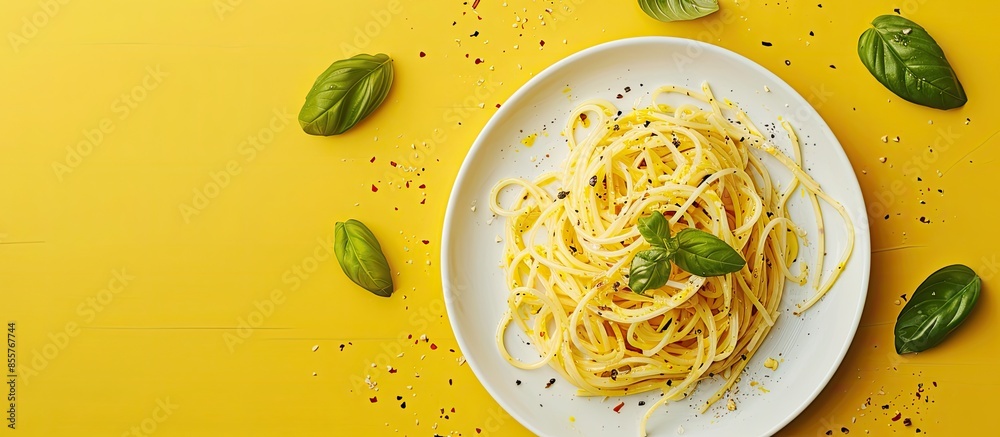 Poster The spaghetti carbonara pastel background  Food  Isolated. with copy space image. Place for adding text or design