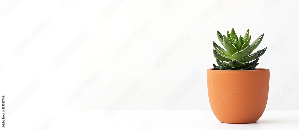 Poster little dotted succulent plant in a pot, on white background. with copy space image. place for adding