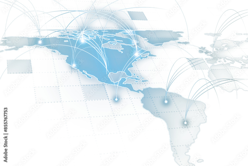 Poster a stylized map illustration showing connections between continents on a white and blue background, s