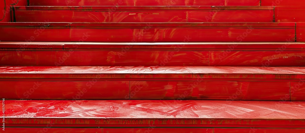 Poster Mechanic glued the rubber to install the red floor prom at the stairs. with copy space image. Place for adding text or design