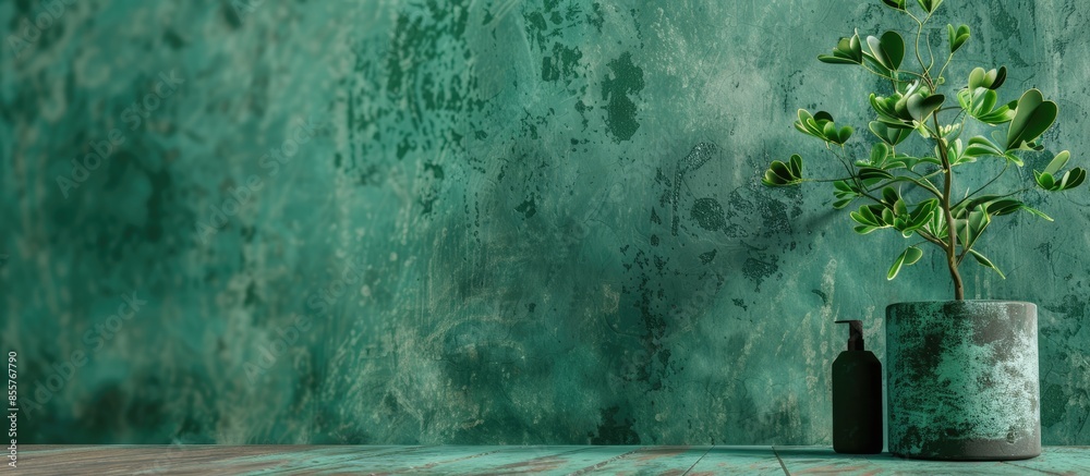 Poster green blank concrete wall at home . closeup photo. selective focus. with copy space image. place for