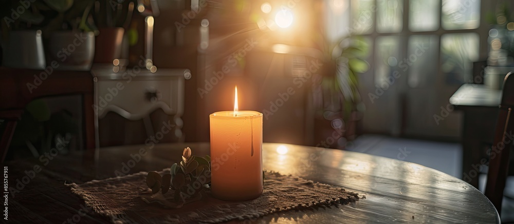 Poster A lit candle on a table in a dining room. with copy space image. Place for adding text or design