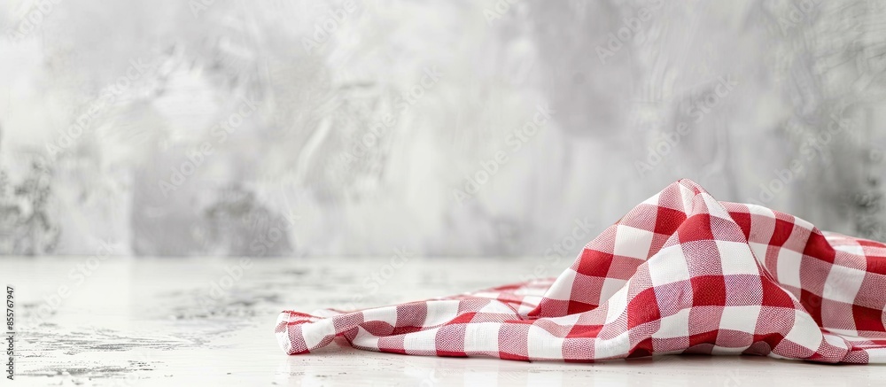 Aufkleber the tablecloth checkered red and white fabric cotton folded place on a white table with copy space. 