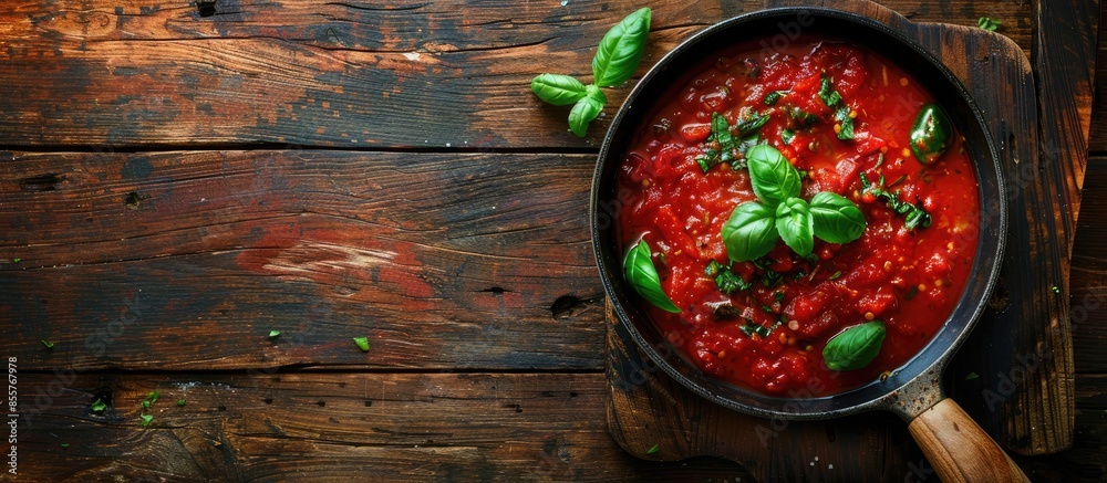 Aufkleber Classic homemade Italian tomato sauce with basil for pasta and pizza in the pan on wooden background, top view. Copy space image. Place for adding text or design