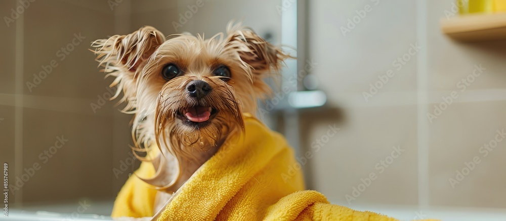 Poster happy little dog in the bathroom after a bath wrapped in a towel. with copy space image. place for a