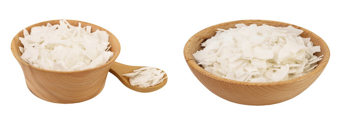 Coconut flakes or chips in wooden bowl isolated on white background with full depth of field