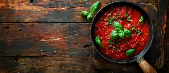 Classic homemade Italian tomato sauce with basil for pasta and pizza in the pan on wooden background, top view. Copy space image. Place for adding text or design