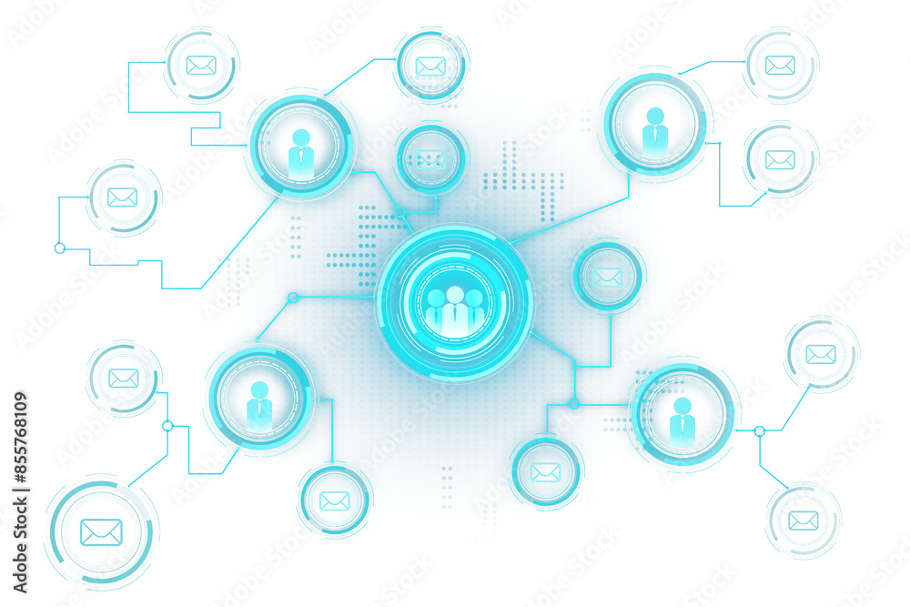 Poster Abstract digital network connections with user and email icons on a white background, highlighting a concept of communication