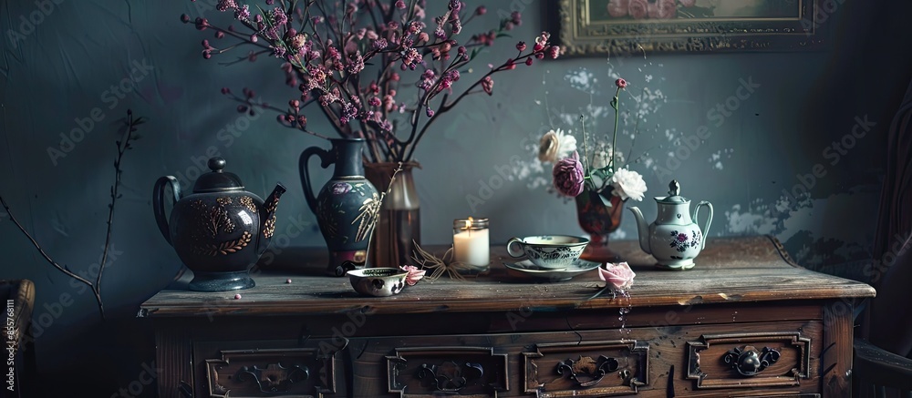 Poster beautiful art composition with tea set, vases, candles and flowers on a wooden chest of drawers. wit