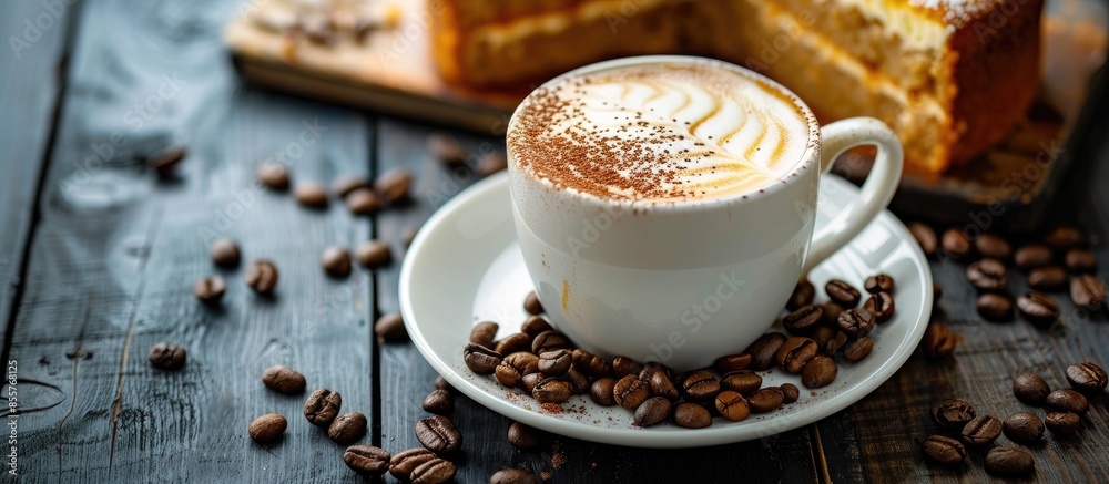 Poster a cup of coffee with cake, an invigorating drink in the morning, home comfort. with copy space image
