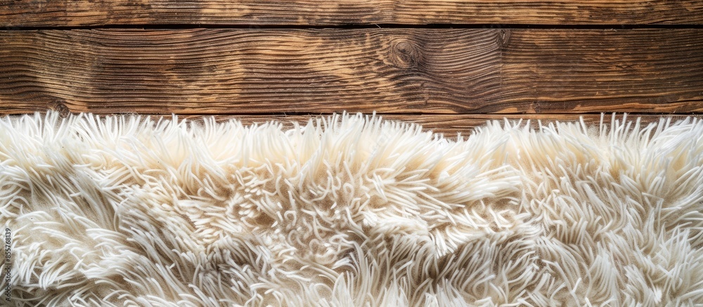Aufkleber Fuzzy carpet on wooden background, top view with space for text. with copy space image. Place for adding text or design