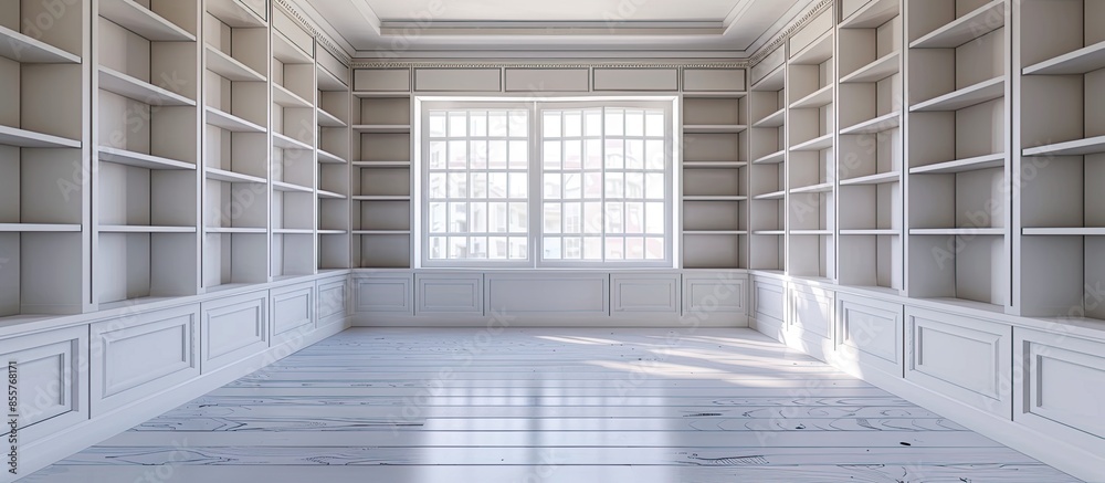 Poster interior of an empty room with white wooden shelves and cabinets. with copy space image. place for a