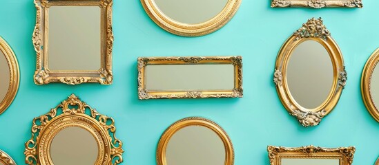 Obraz premium Set of golden frames for paintings, mirrors or photo isolated on a pastel background. with copy space image. Place for adding text or design