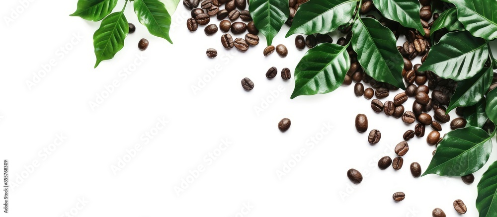 Poster coffee beans and leaves fresh isolated on white background. with copy space image. place for adding 