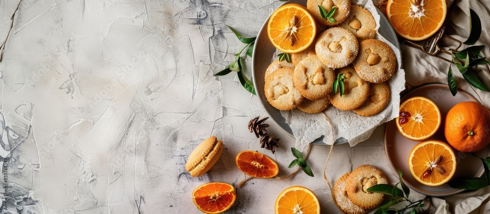 Aufkleber Table with orange cookies, fruits snacks. Table setting with tablecloth  and food. with copy space image. Place for adding text or design
