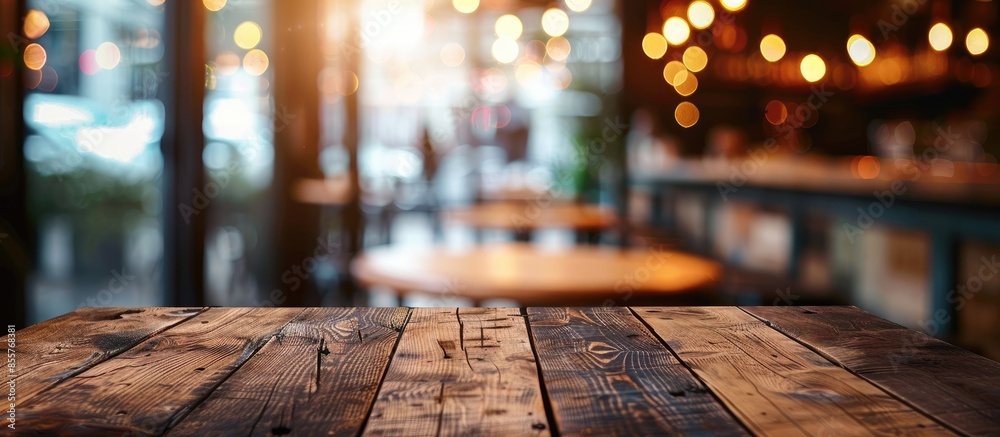 Aufkleber selected focus empty brown wooden table and coffee shop or restuarant blur background with bokeh ima