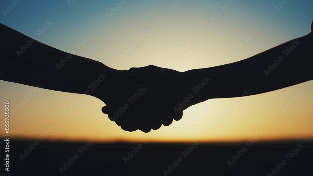 Wall mural handshake farmers silhouette. agriculture business concept. close-up farmers hands silhouette shakin