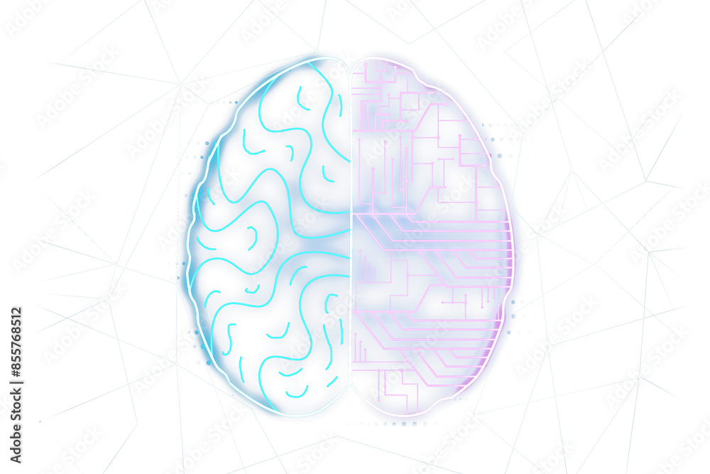 Poster a stylized illustration of a human brain with one half circuitry on a geometric white background, re