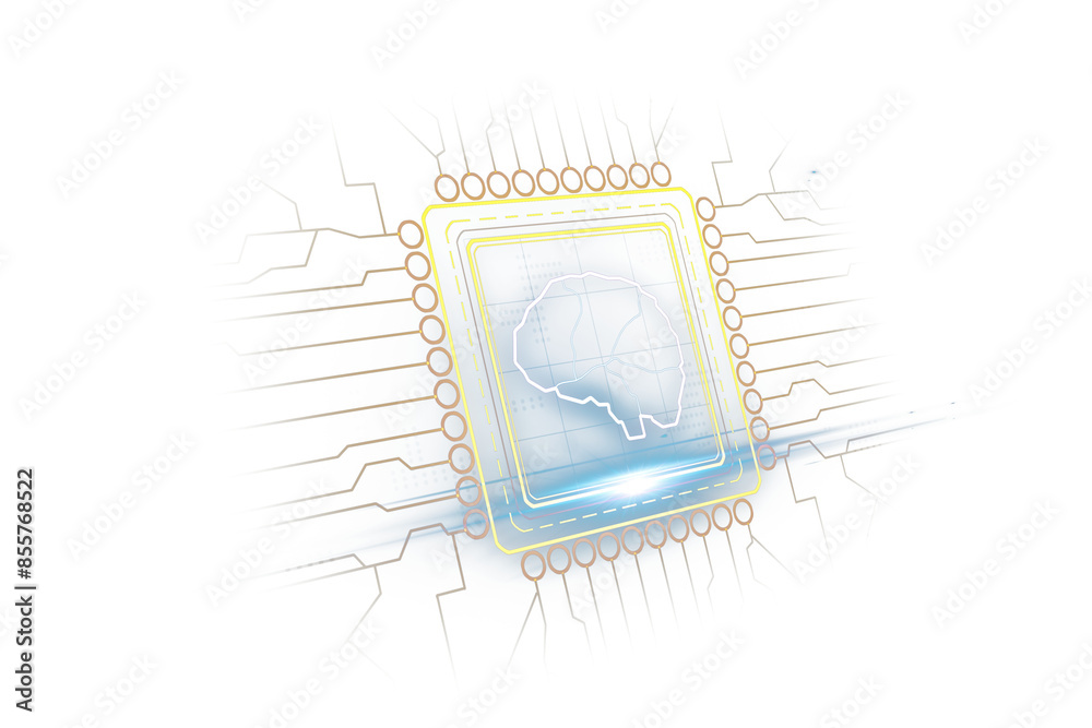 Poster An illustration of a microchip with an outline of Africa displayed inside it, on a light white background highlighting technology concepts