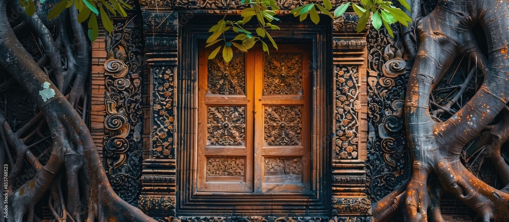 Aufkleber Carving wooden window with the tree background. with copy space image. Place for adding text or design