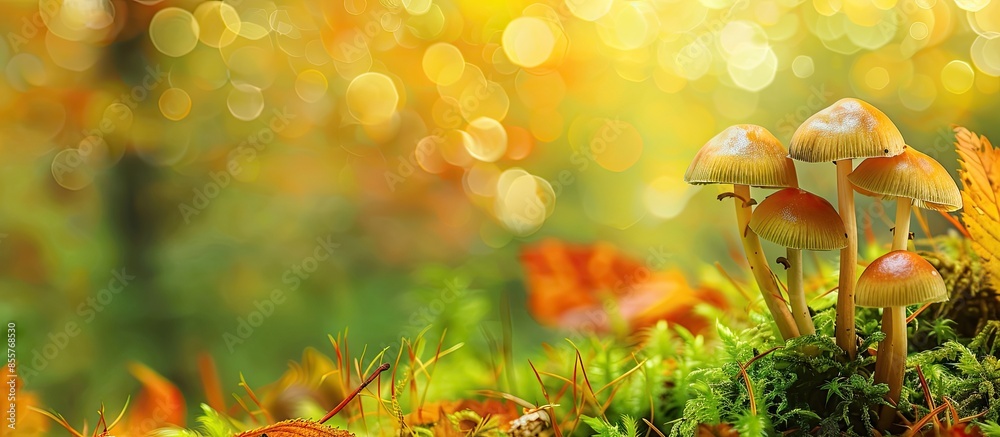 Poster mushroom growing in the forest broadleaf trees pastel background. with copy space image. place for a