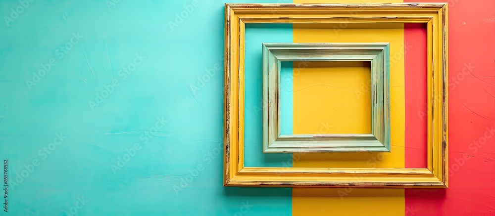 Aufkleber golden frame on the wall colored of different color like a watercolor. with copy space image. Place for adding text or design