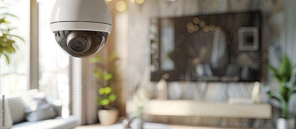 Aufkleber Digital security eye. A white round indoor CCTV surveillance camera monitoring security on TV table in the room corner. Copy space image. Place for adding text or design